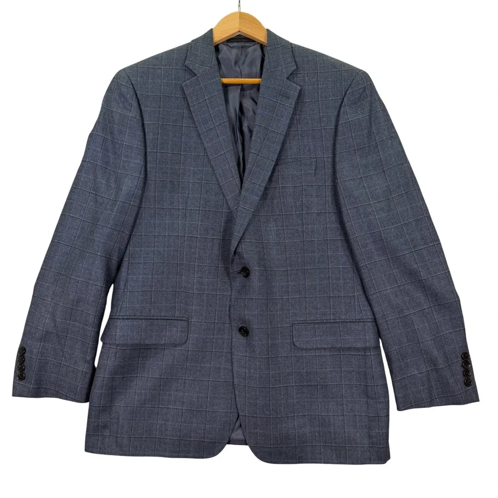 Lauren Ralph Lauren Mens 40R Blazer Blue Silk Wool Windowpane Plaid Sport Coat